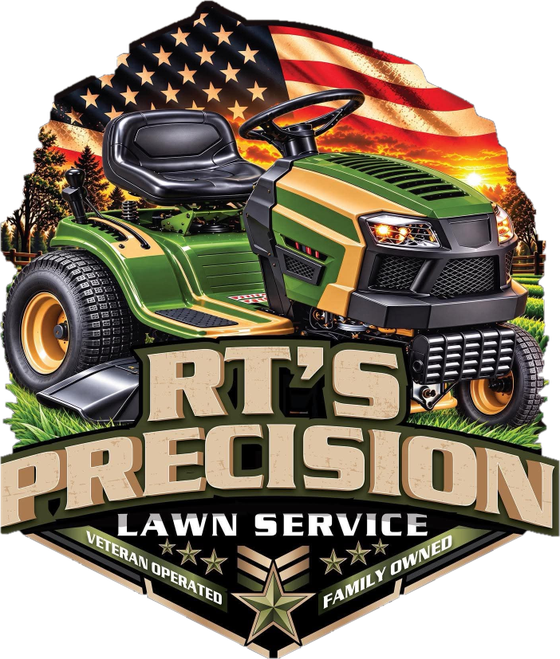 RT's Precision Lawn Service badge: a riding mower in front of an American flag, marked veteran operated and family owned